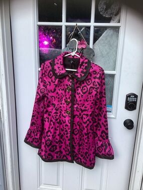 Sele Hot Pink Leopard Print Coat with Black Trim Sz. M